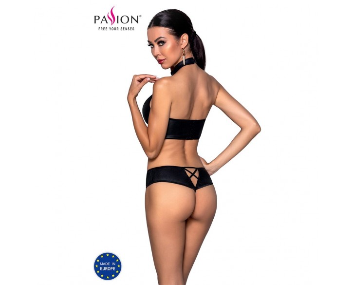 Комплект з еко-шкіри Nancy Bikini black L/XL - Passion, бра та трусики з імітацією шнурівки