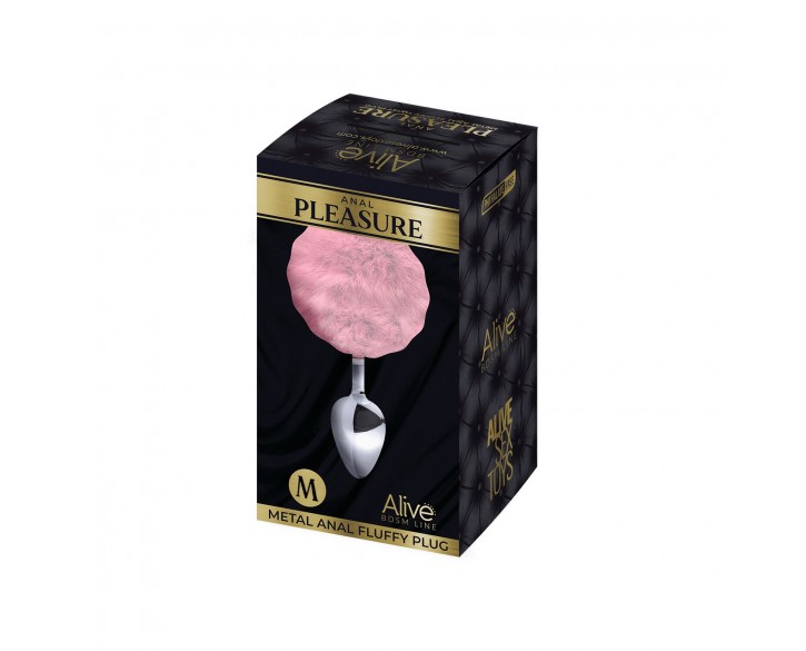 Металева анальна пробка Кролячий хвостик Alive Fluffy Plug M Pink, діаметр 3,4 см