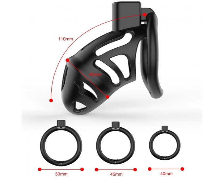 Клітка для пеніса LOCKINK SEVANDA Plastic Penis Chastity Cage, чорна, 3 кільця різних розмірів