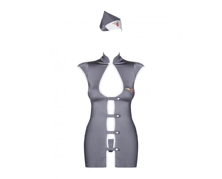 Еротичний костюм стюардеси Obsessive Stewardess 3 pcs costume grey S/M, сірий, сукня, стрінги, пілот