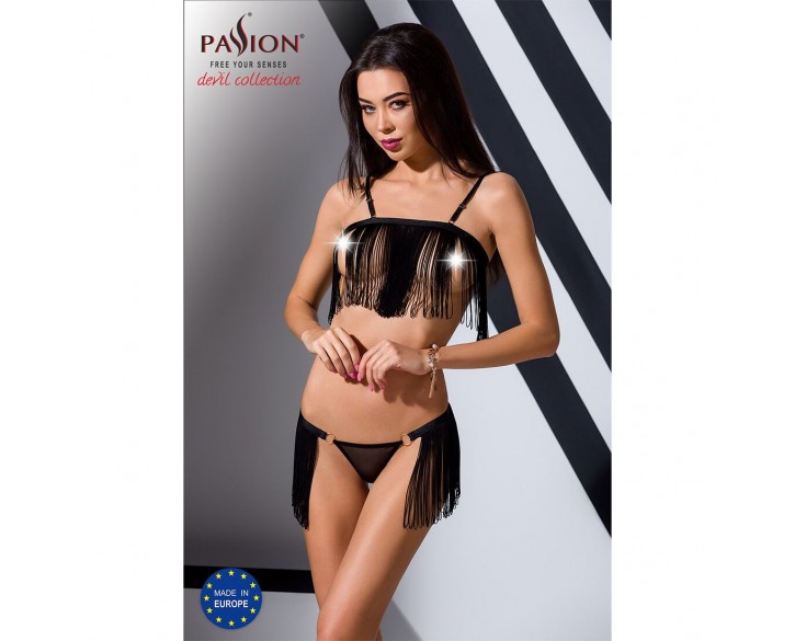 Комплект білизни KASSANDRA SET OpenBra black L/XL - Passion Exclusive: ліф з бахромою, трусики-спідн