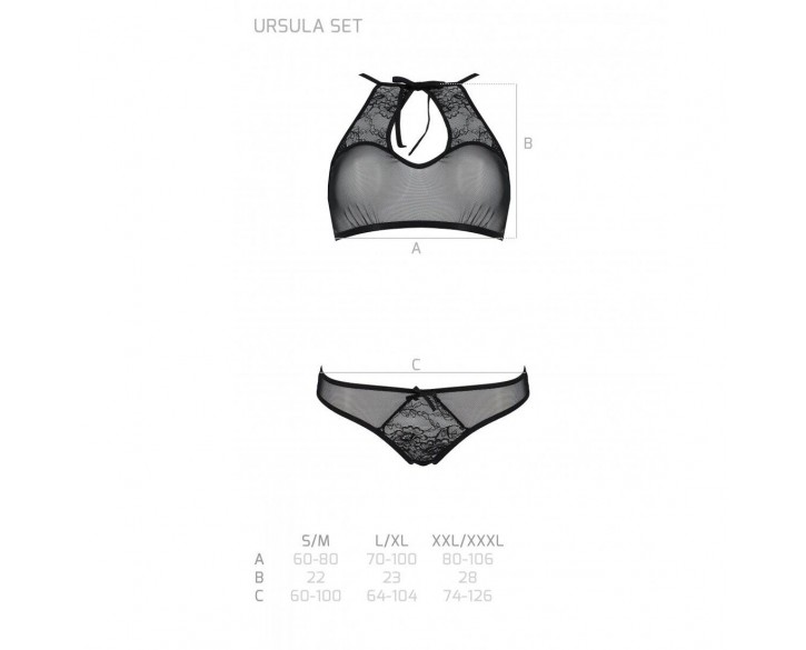 Комплект: бра, трусики з ажурним декором та відкритим кроком Ursula Set black L/XL — Passion