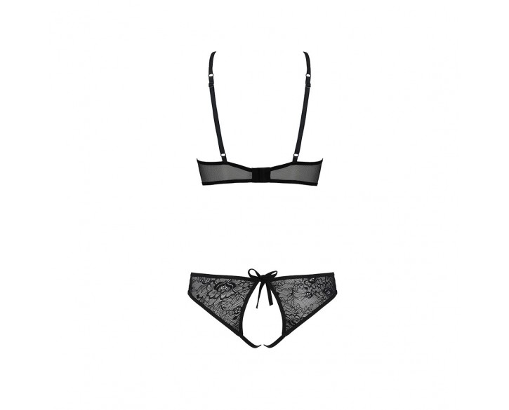 Комплект: бра, трусики з ажурним декором та відкритим кроком Ursula Set black L/XL — Passion