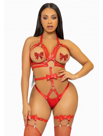 Портупея-тедді з ременів Leg Avenue Studded O-ring harness teddy M Red, екошкіра