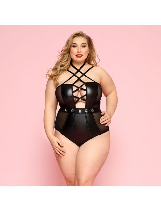 Сексуальне боді JSY «Пристрасна Лорейн» Plus Size Black, люверси, стрепи, екошкіра, шнурівка