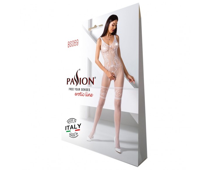 Бодістокінг Passion BS069 white, комбінезон, імітація панчох і боді