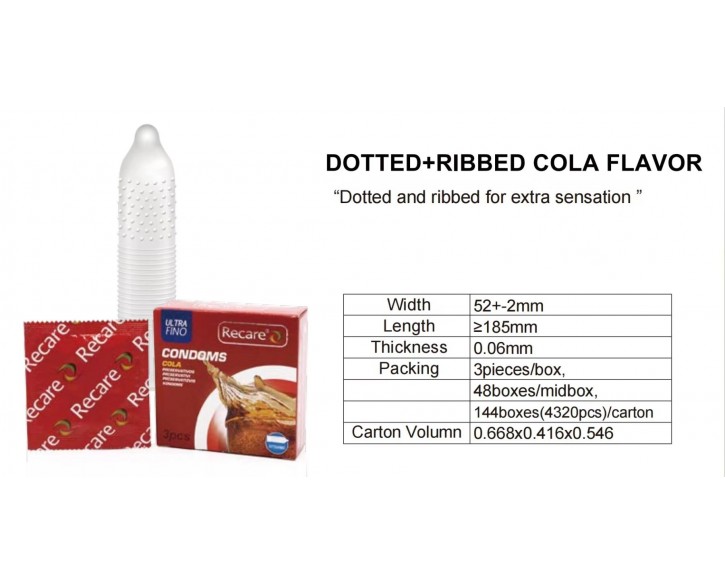 Презервативи Recare Cola Dotted&Ribbed Condoms 3 шт, з пухирцями та ребрами, аромат: Кола