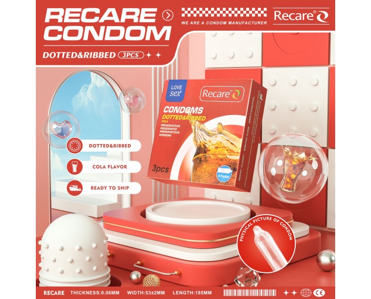 Презервативи Recare Cola Dotted&Ribbed Condoms 3 шт, з пухирцями та ребрами, аромат: Кола