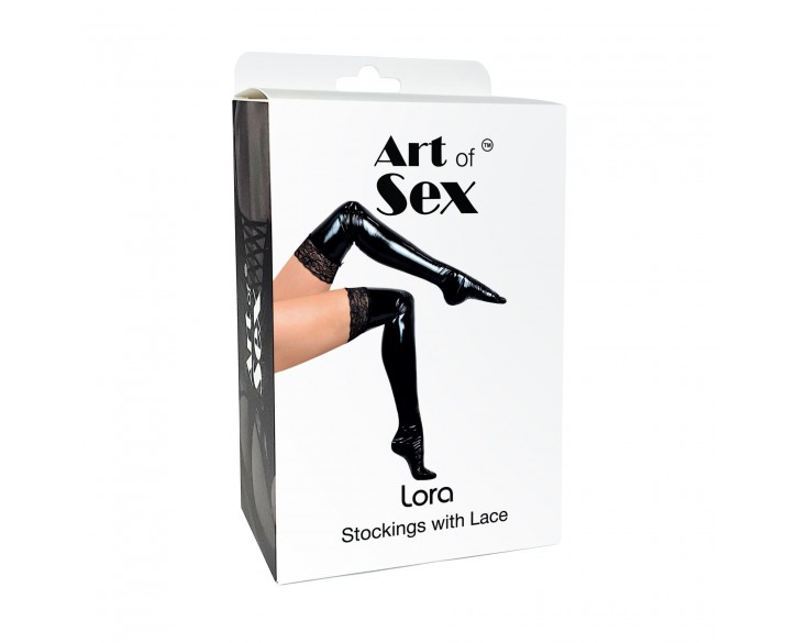 Сексуальні вінілові панчохи Art of Sex - Lora з мереживом, розмір S, з ефектом мокрого оксамиту