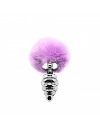 Металева анальна пробка Кролячий хвостик Alive Fluffy Twist Plug M Purple, діаметр 3,4 см