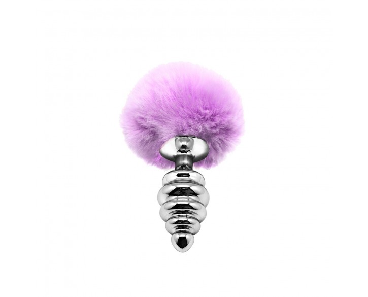 Металева анальна пробка Кролячий хвостик Alive Fluffy Twist Plug M Purple, діаметр 3,4 см