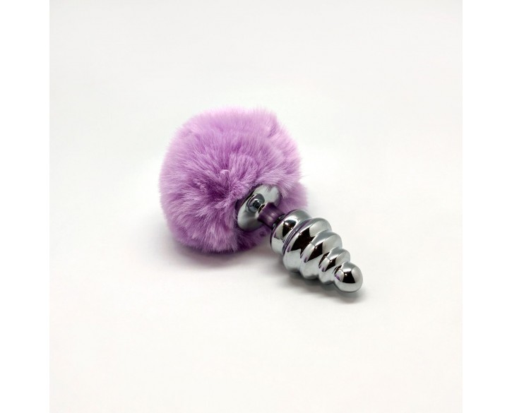 Металева анальна пробка Кролячий хвостик Alive Fluffy Twist Plug M Purple, діаметр 3,4 см