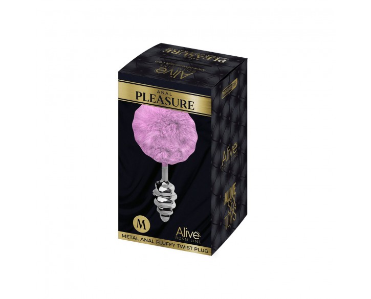 Металева анальна пробка Кролячий хвостик Alive Fluffy Twist Plug M Purple, діаметр 3,4 см