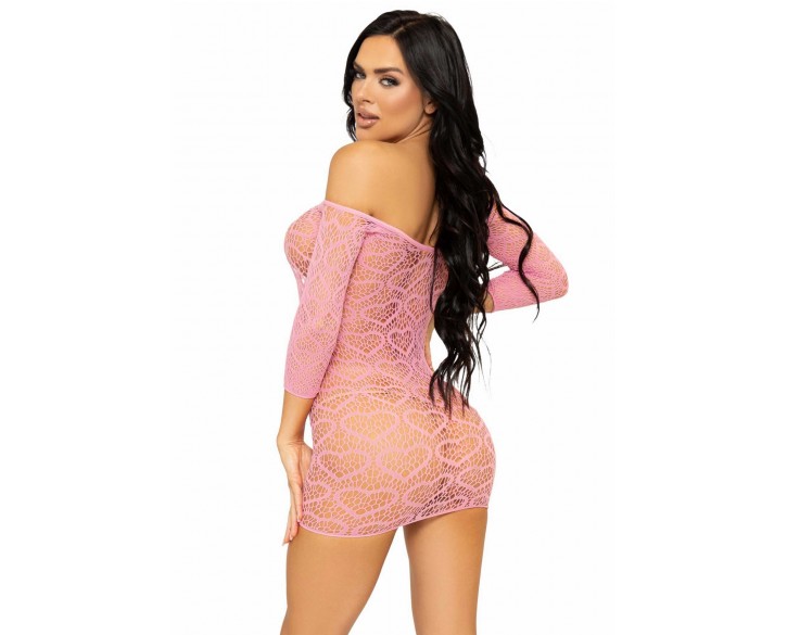 Сукня-сітка з сердечками Leg Avenue Heart net mini dress Pink, зав’язки, відкриті плечі, one size