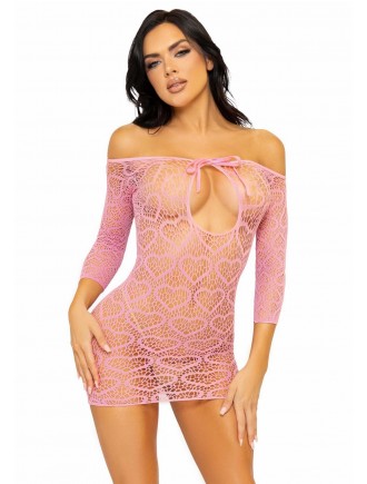 Сукня-сітка з сердечками Leg Avenue Heart net mini dress Pink, зав’язки, відкриті плечі, one size