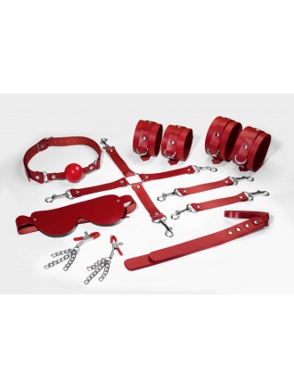 Набір Feral Feelings BDSM Kit 7 Red, наручники, поножі, конектор, маска, падл, кляп, затискачі