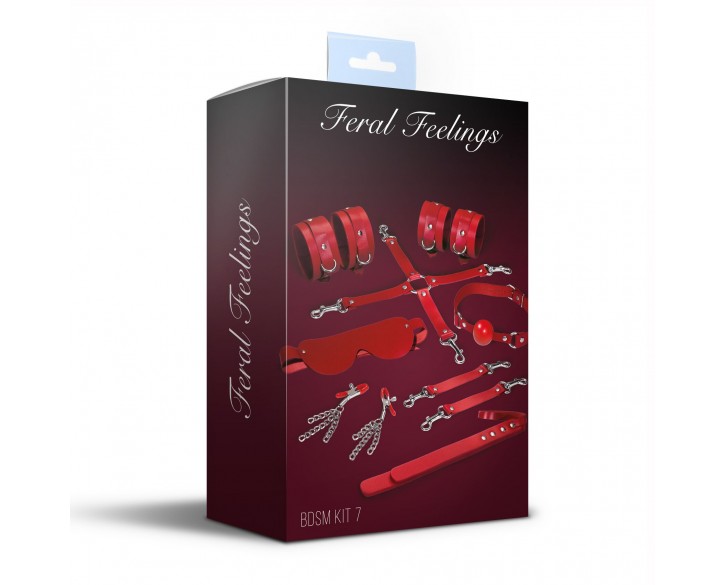 Набір Feral Feelings BDSM Kit 7 Red, наручники, поножі, конектор, маска, падл, кляп, затискачі