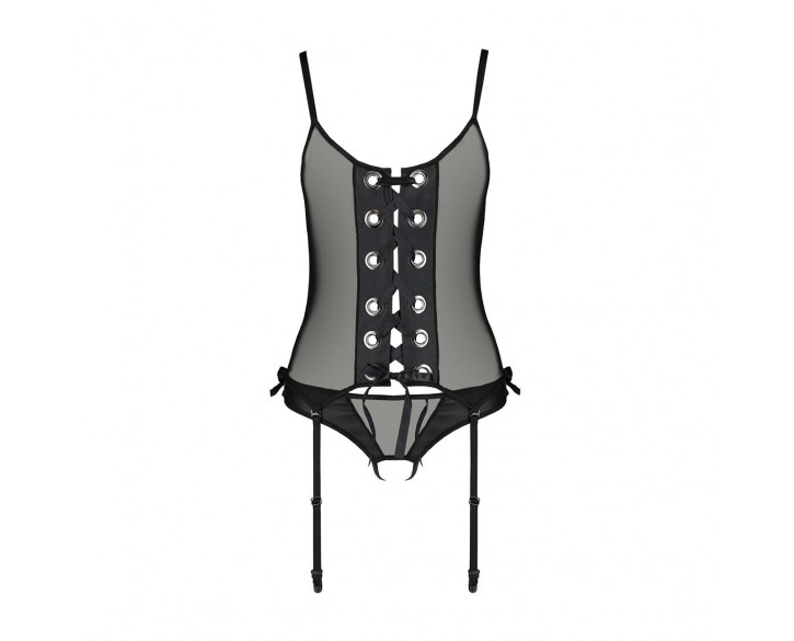 Корсет зі шнурівкою Passion NESSY CORSET L/XL black, стрінги з відкритим доступом, пажі для панчіх