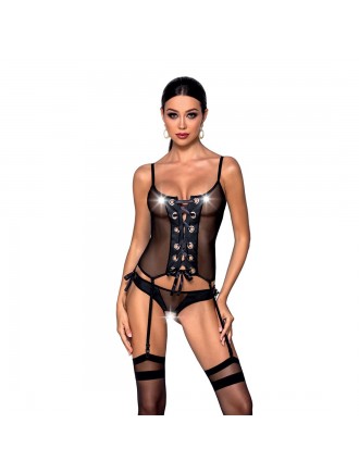 Корсет зі шнурівкою Passion NESSY CORSET L/XL black, стрінги з відкритим доступом, пажі для панчіх