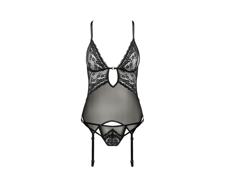 Корсет з декольте ERZA CORSET black L/XL - Passion, пажі, трусики, напівпрозорий