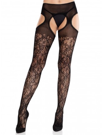 Колготки Leg Avenue Cross Hatch Floral Lace Suspender Hose One Size