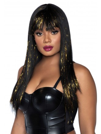 Чорна перука із золотими пасмами Leg Avenue Long bang wig with tinsel, 60 см