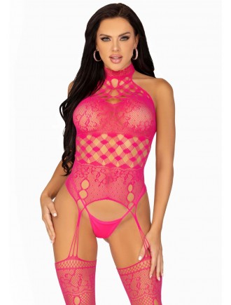 Мереживний бодістокінг з відкритим доступом Leg Avenue High neck lace bodystocking One size Raspberr