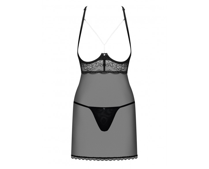 Прозора сорочка з відкритими грудьми Obsessive Pearlove chemise & thong black S/M, трусики