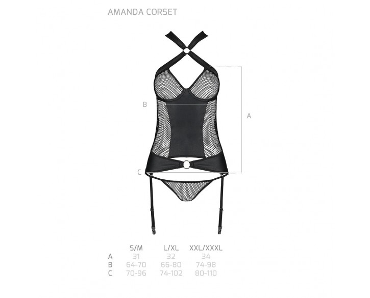 Сітчастий комплект корсет з халтером, зйомні підв'язки та трусики Amanda Corset black L/XL - Passion