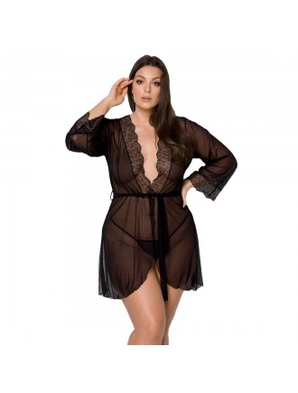 Пеньюар Passion Amberly Peignoir 4XL/5XL black, ажурні декольте та манжети, широкі рукави