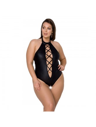 Боді з екошкіри Passion Nancy Body 4XL/5XL black, з імітацією шнурівки та відкритим доступом