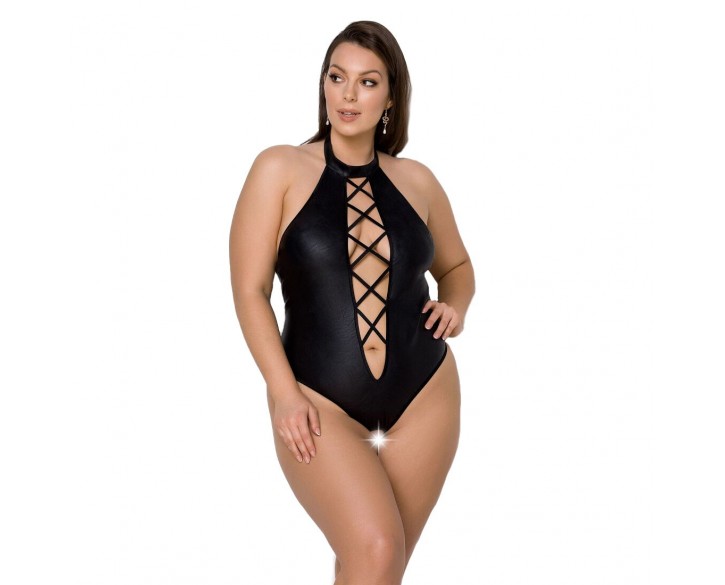 Боді з екошкіри Passion Nancy Body 4XL/5XL black, з імітацією шнурівки та відкритим доступом