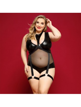 Елегантне боді з екошкіри JSY «Спокуслива Морган» Plus Size, Black, сітка, портупея з гартерами