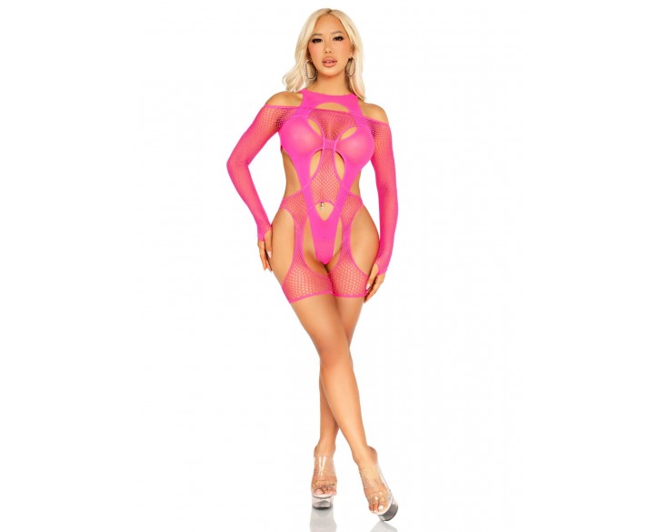 Бодістокінг Leg Avenue Fishnet Garter Harness and Teddy One Size Neon Pink