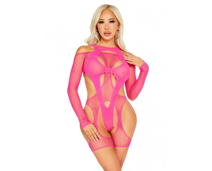 Бодістокінг Leg Avenue Fishnet Garter Harness and Teddy One Size Neon Pink