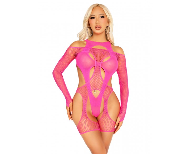 Бодістокінг Leg Avenue Fishnet Garter Harness and Teddy One Size Neon Pink