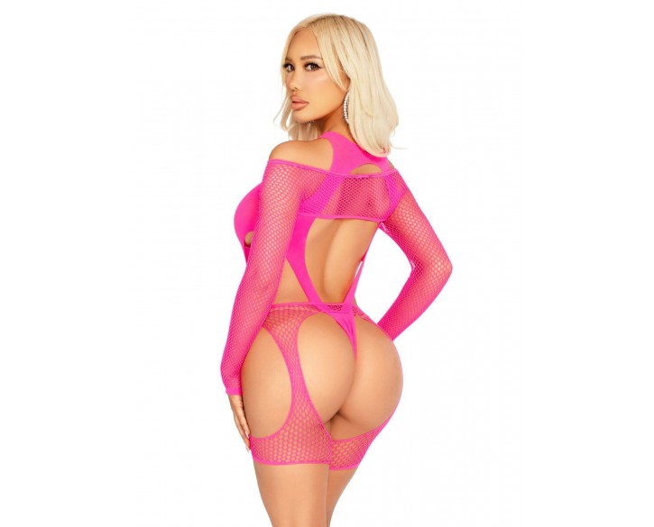 Бодістокінг Leg Avenue Fishnet Garter Harness and Teddy One Size Neon Pink