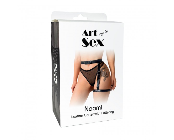 Гартер на ногу Art of Sex - Naomi з написом SEXY, натуральна шкіра, розмір XS-2XL, колір чорний