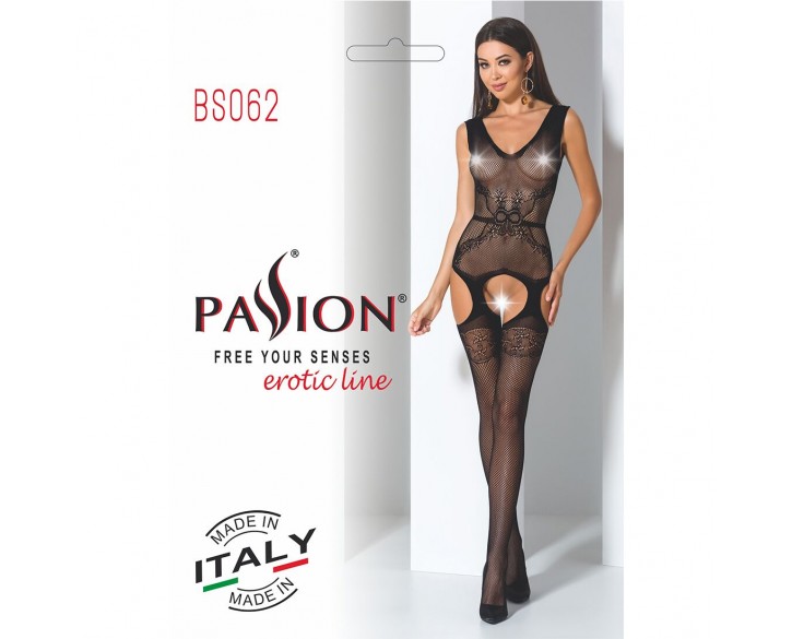 Сітчастий бодістокінг Passion BS062 One Size, Black, комбінезон, імітація панчіх, відкритий доступ