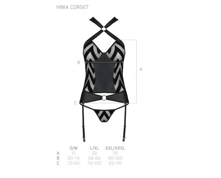 Сітчастий комплект із візерунком Hima Corset black L/XL - Passion, корсет з халтером, підв'язки, тру