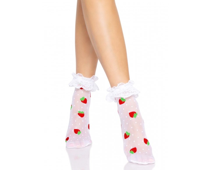 Шкарпетки жіночі з полуничним принтом Leg Avenue Strawberry ruffle top anklets One size, мереживні м