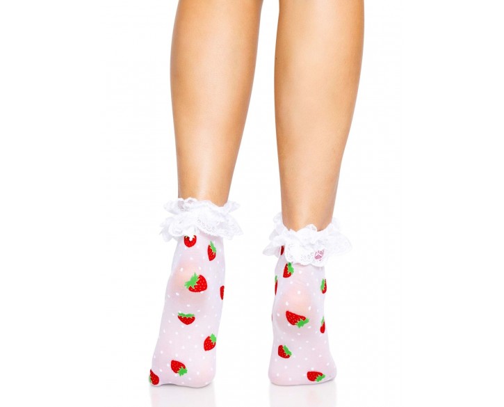 Шкарпетки жіночі з полуничним принтом Leg Avenue Strawberry ruffle top anklets One size, мереживні м