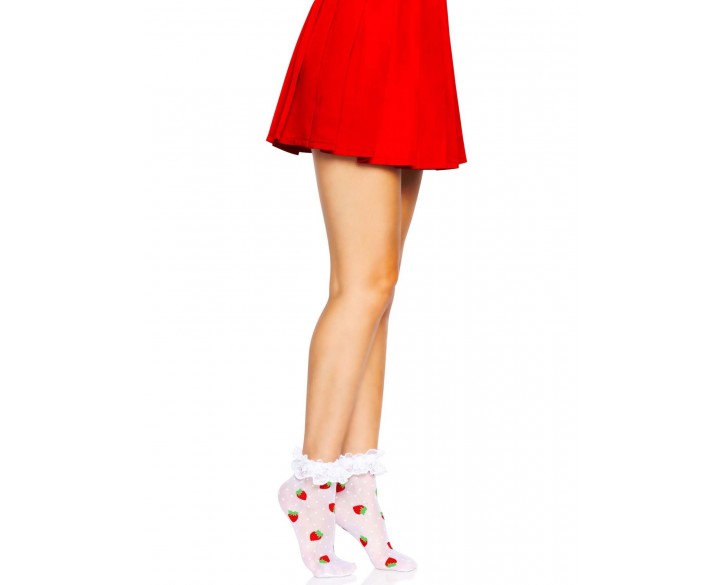 Шкарпетки жіночі з полуничним принтом Leg Avenue Strawberry ruffle top anklets One size, мереживні м