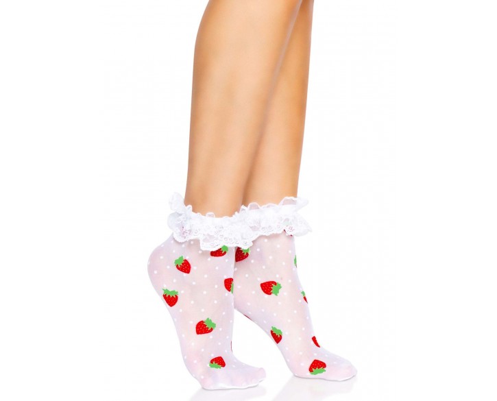 Шкарпетки жіночі з полуничним принтом Leg Avenue Strawberry ruffle top anklets One size, мереживні м