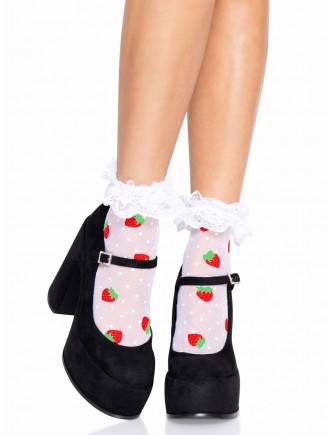 Шкарпетки жіночі з полуничним принтом Leg Avenue Strawberry ruffle top anklets One size, мереживні м