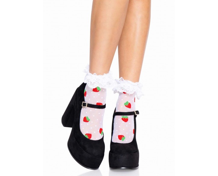 Шкарпетки жіночі з полуничним принтом Leg Avenue Strawberry ruffle top anklets One size, мереживні м