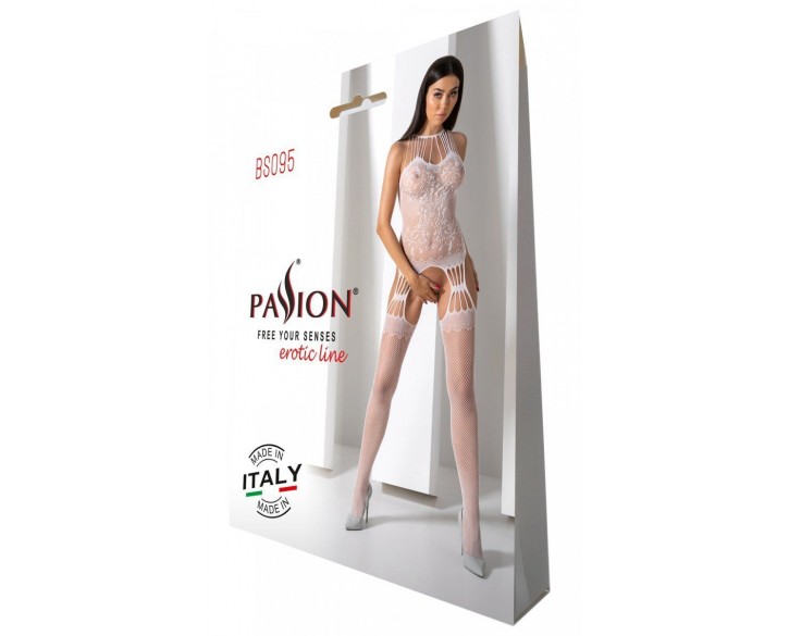 Бодістокінг з безліччю бретелей Passion BS095 One Size, white, імітація пояса та панчіх, з доступом