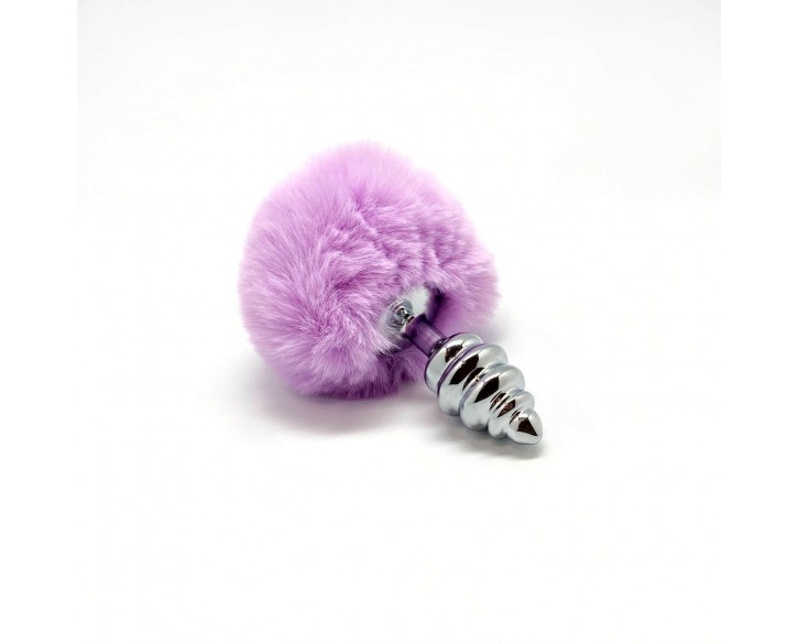 Металева анальна пробка Кролячий хвостик Alive Fluffy Twist Plug S Purple, діаметр 2,9 см