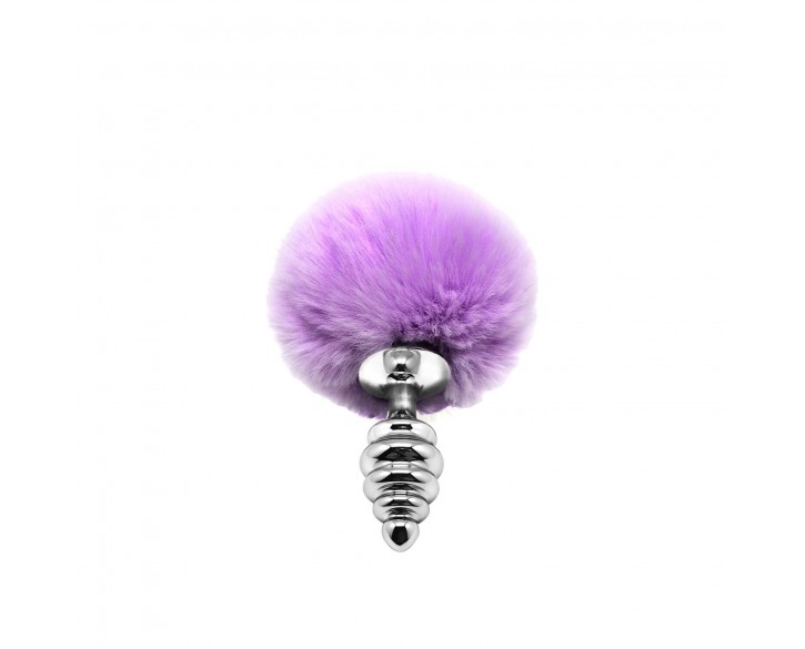 Металева анальна пробка Кролячий хвостик Alive Fluffy Twist Plug S Purple, діаметр 2,9 см