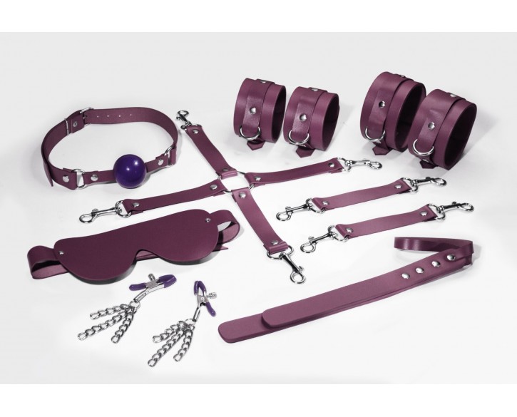 Набір Feral Feelings BDSM Kit 7 Burgundy, наручники, поножі, конектор, маска, падл, кляп, затискачі